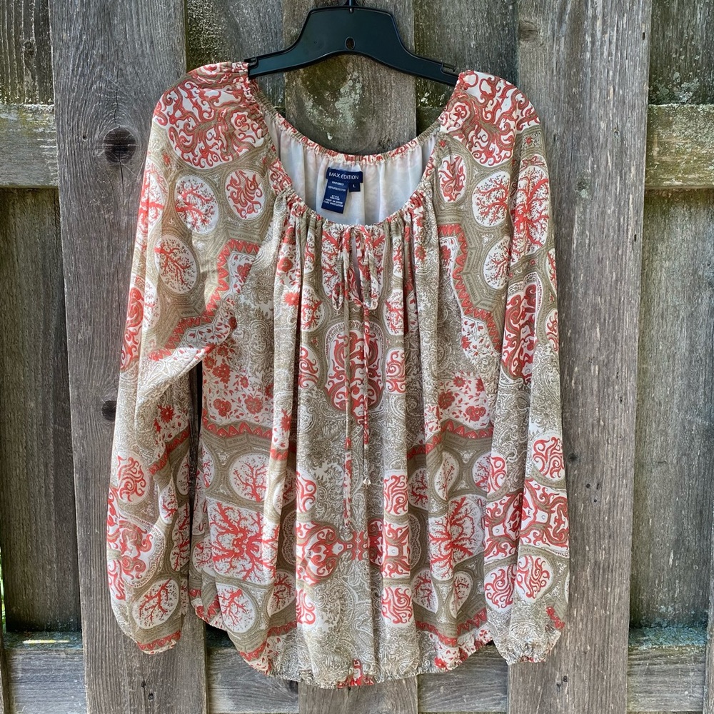 Orange and tan peasant style long sleeve blouse